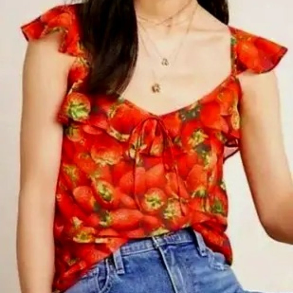 Anthropologie Strawberry Print Ruffle Tank Top